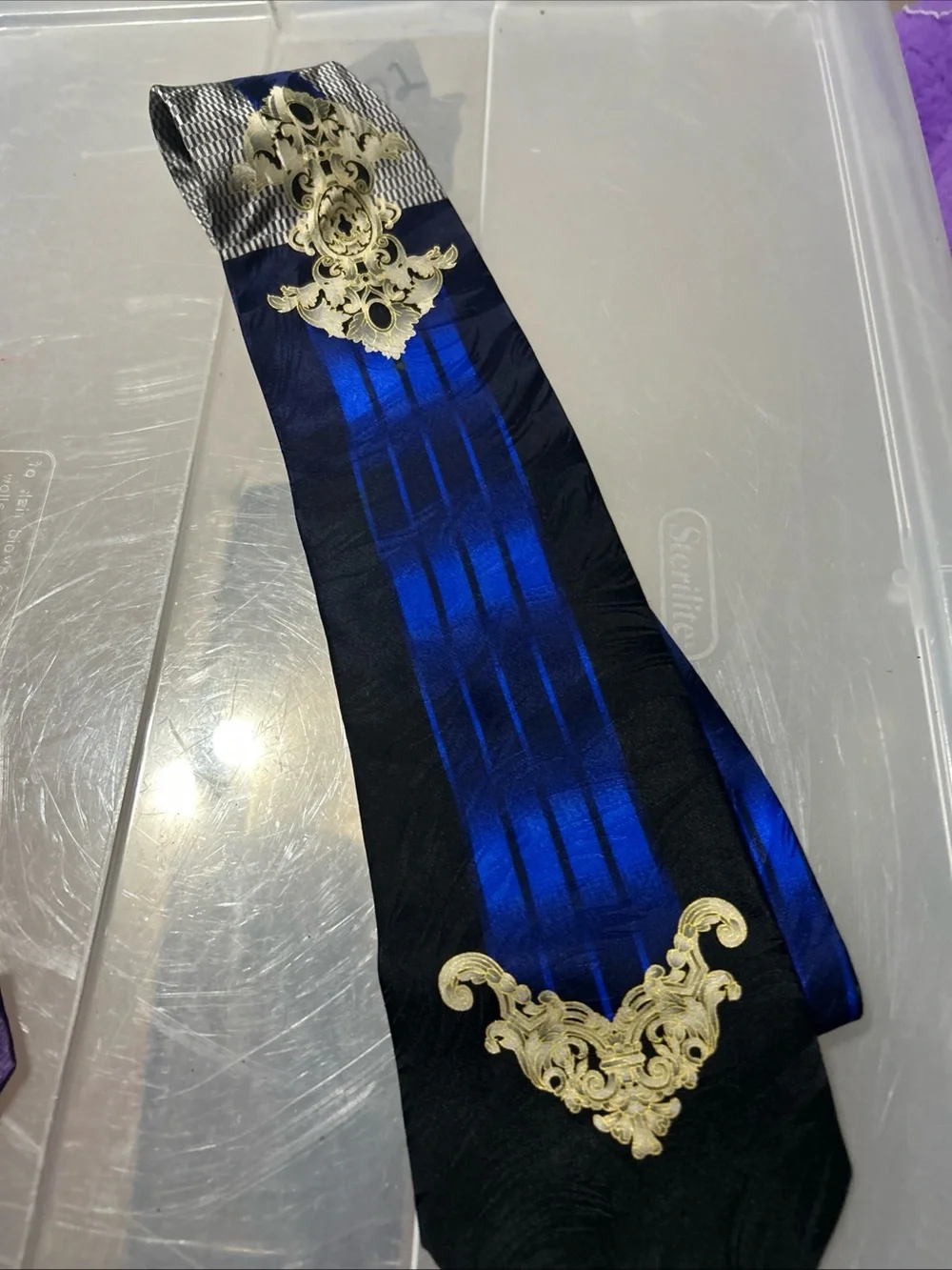 Men's Blue and Black Satin Tie with Gold Embellishments